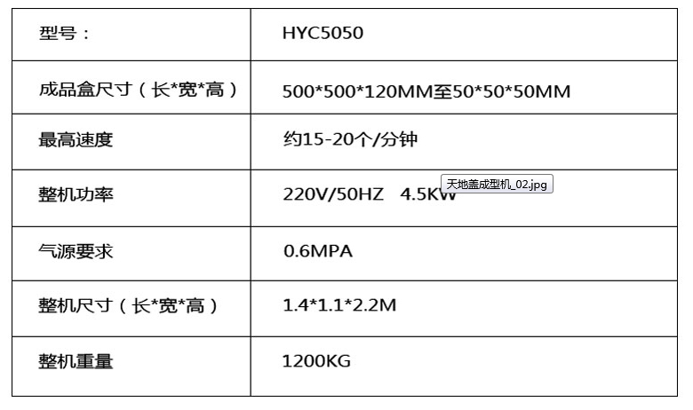 皇盈天地蓋成型機(jī)參數(shù)